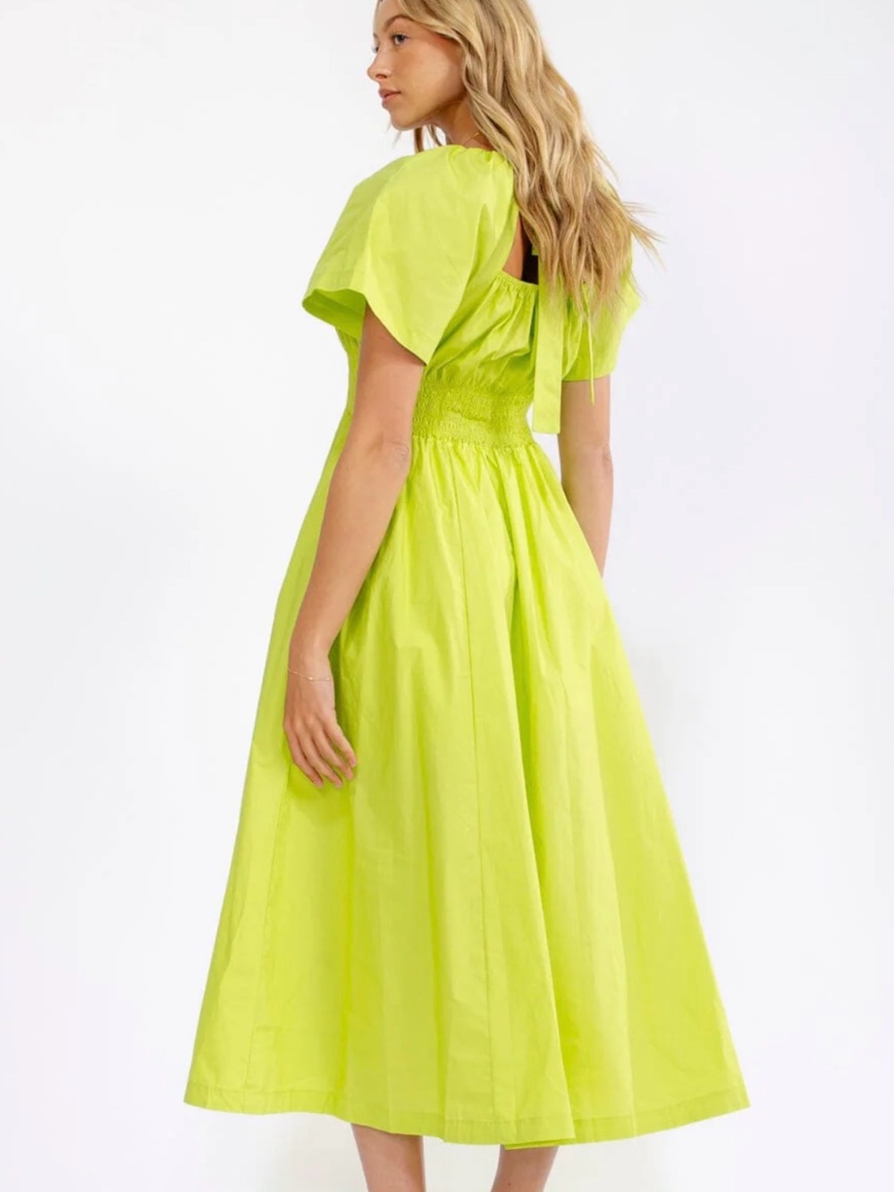 WOMEN'S SHORT SLEEVE SMOCK WAIST BACK TIE FRONT POCKETS MAXI DRESS - Picture 4 of 5